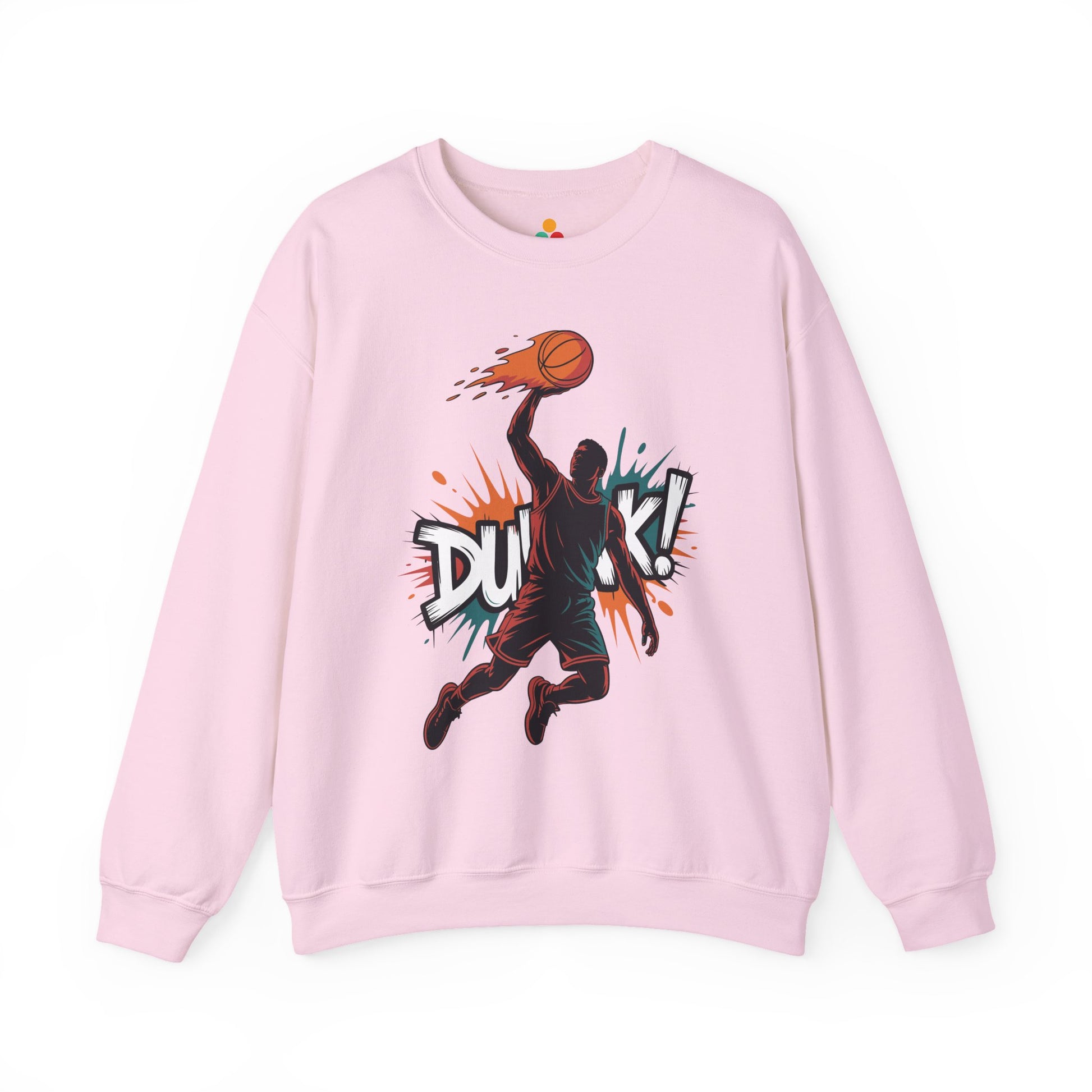TEEZOCA dunk basketball sweatshirt with bold action sports artwork Pink sweatshirt with basketball graphic and 'Dunk!' text on a white background