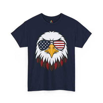 TEEZOCA eagle american flag shirt T-shirt with bald eagle close-up, aviator sunglasses, flag stars, and red stripe lens artwork.
