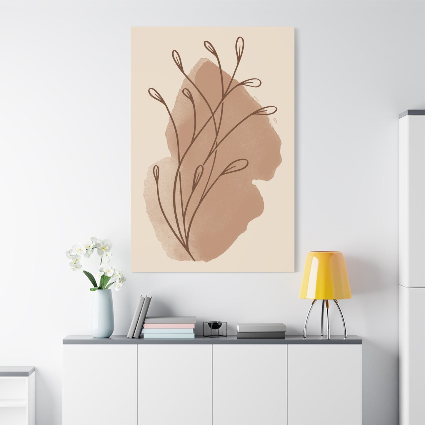 TEEZOCA earthy boho botanical wall art displayed in minimalist living room setting.