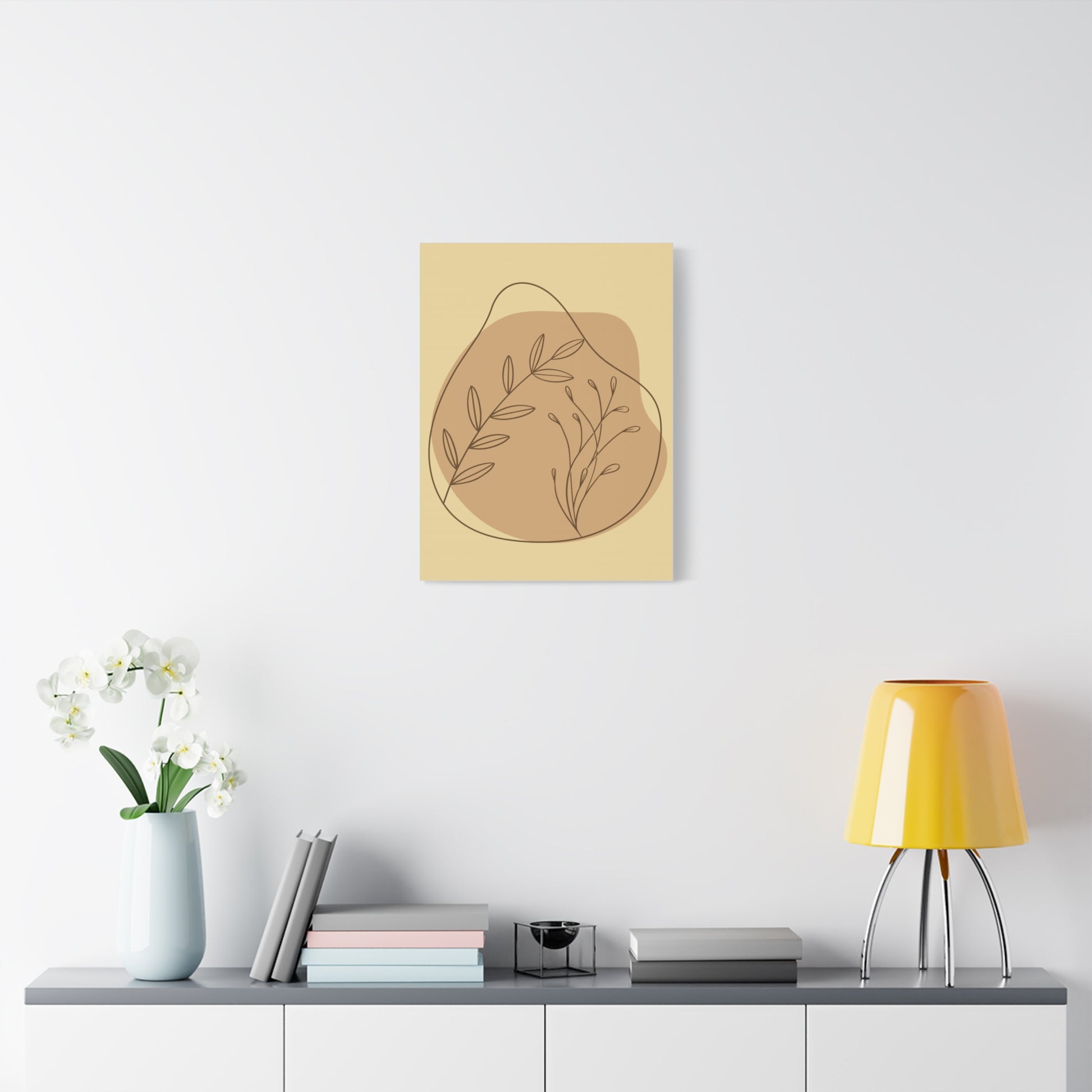 TEEZOCA earthy plant canvas print styled over neutral console with decorative tray.