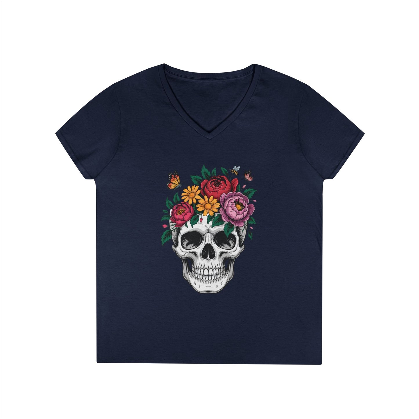 Floral Skull Botanical Art V-Neck T-Shirt for Women | TEEZOCA 