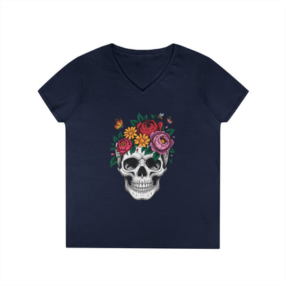 Floral Skull Botanical Art V-Neck T-Shirt for Women | TEEZOCA 