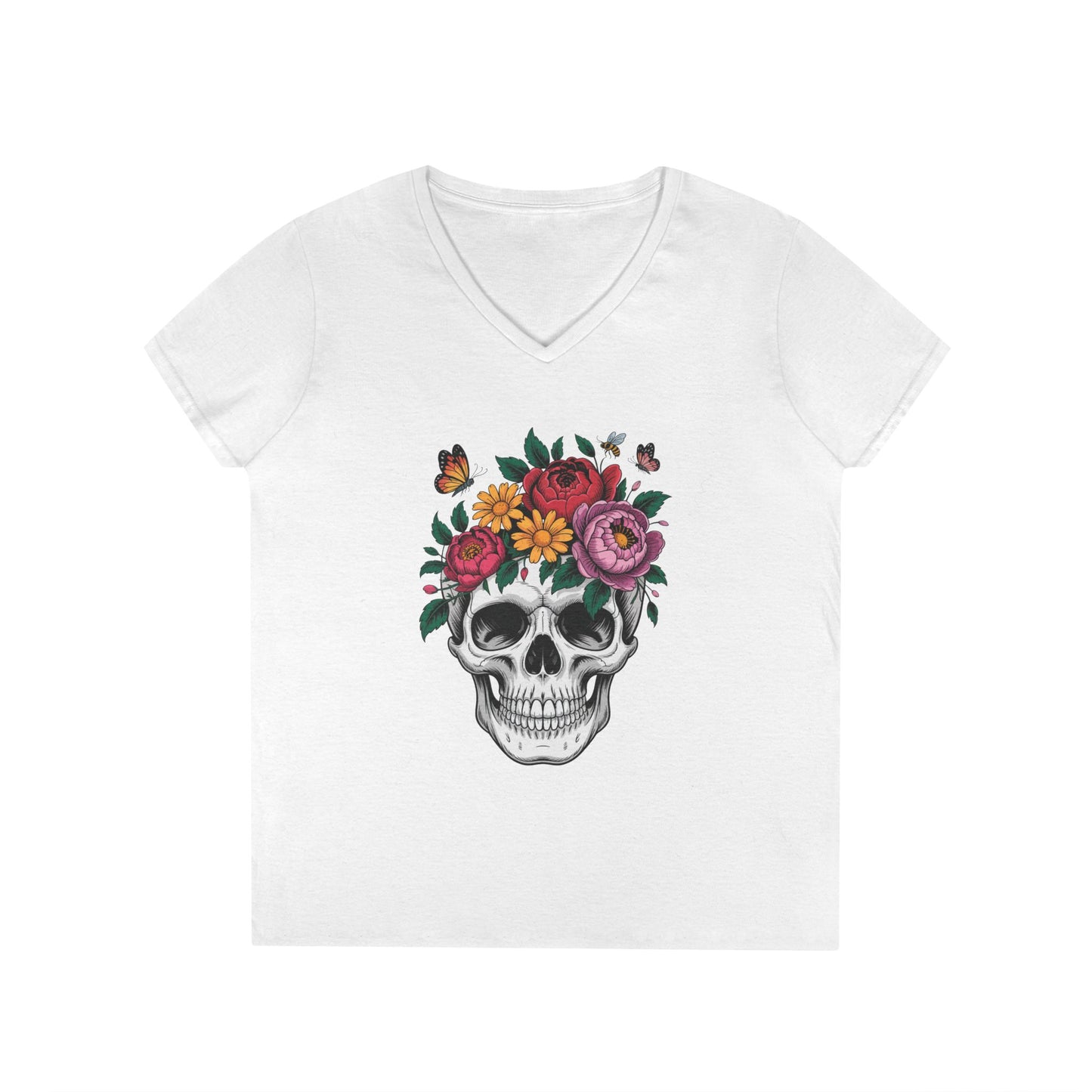 Floral Skull Botanical Art V-Neck T-Shirt for Women | TEEZOCA 