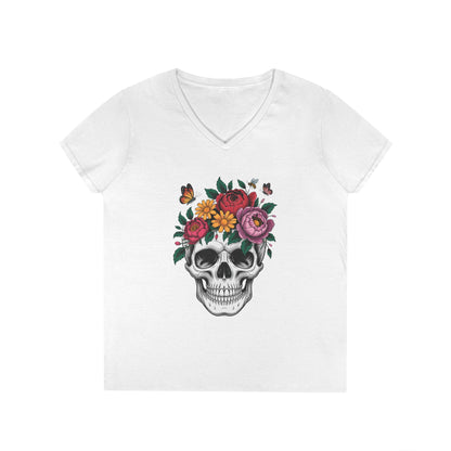 Floral Skull Botanical Art V-Neck T-Shirt for Women | TEEZOCA 