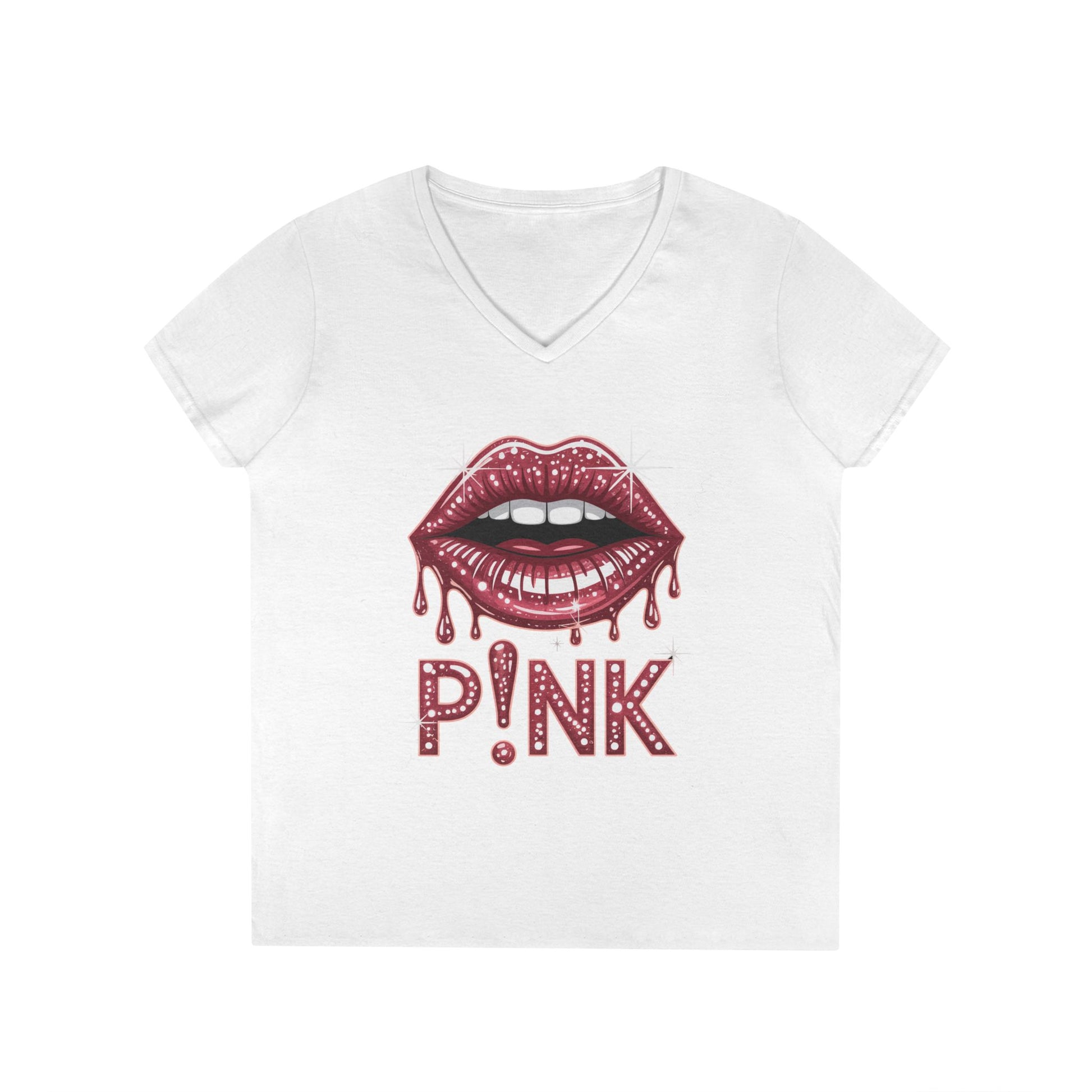 Pink Dripping Lips Graphic Women’s V-Neck T-Shirt Bold Style | TEEZOCA 