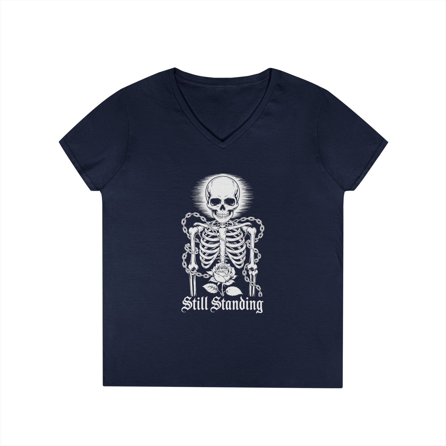 Still Standing Skeleton Rose Graphic V-Neck T-Shirt for Women | TEEZOCA 