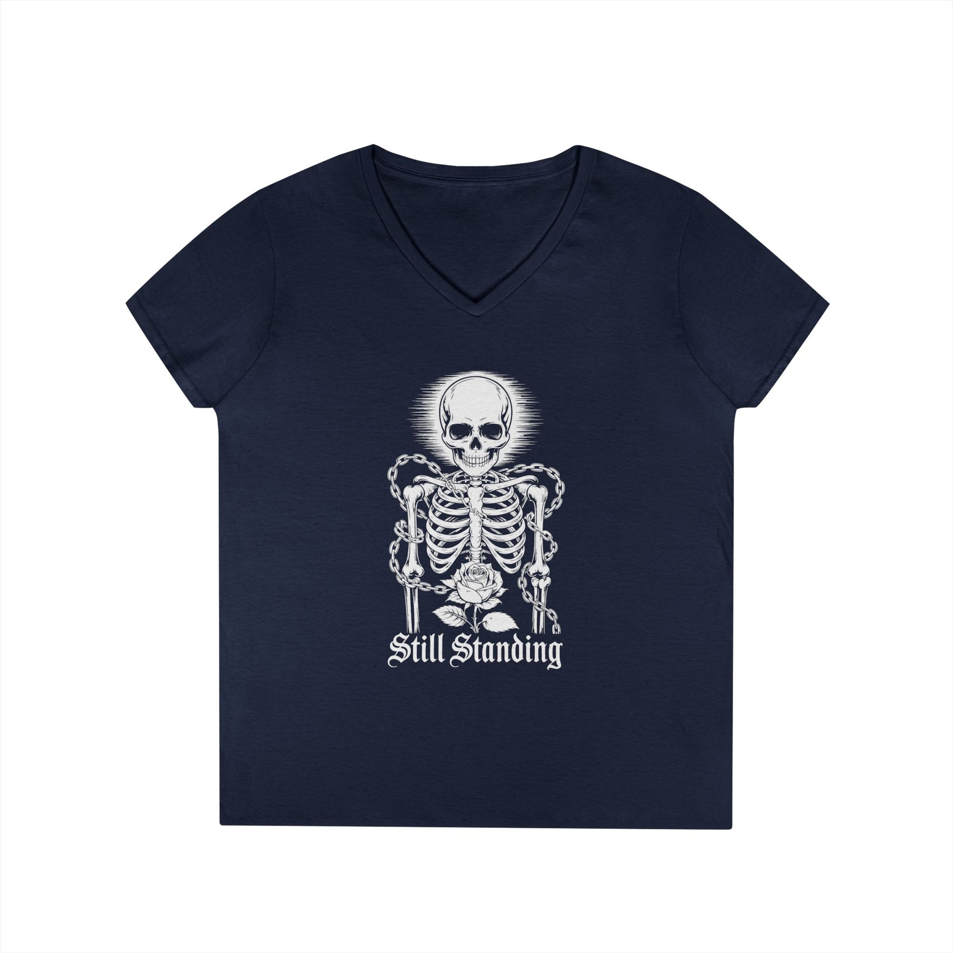 Still Standing Skeleton Rose Graphic V-Neck T-Shirt for Women | TEEZOCA 