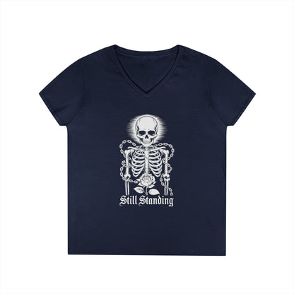 Still Standing Skeleton Rose Graphic V-Neck T-Shirt for Women | TEEZOCA 