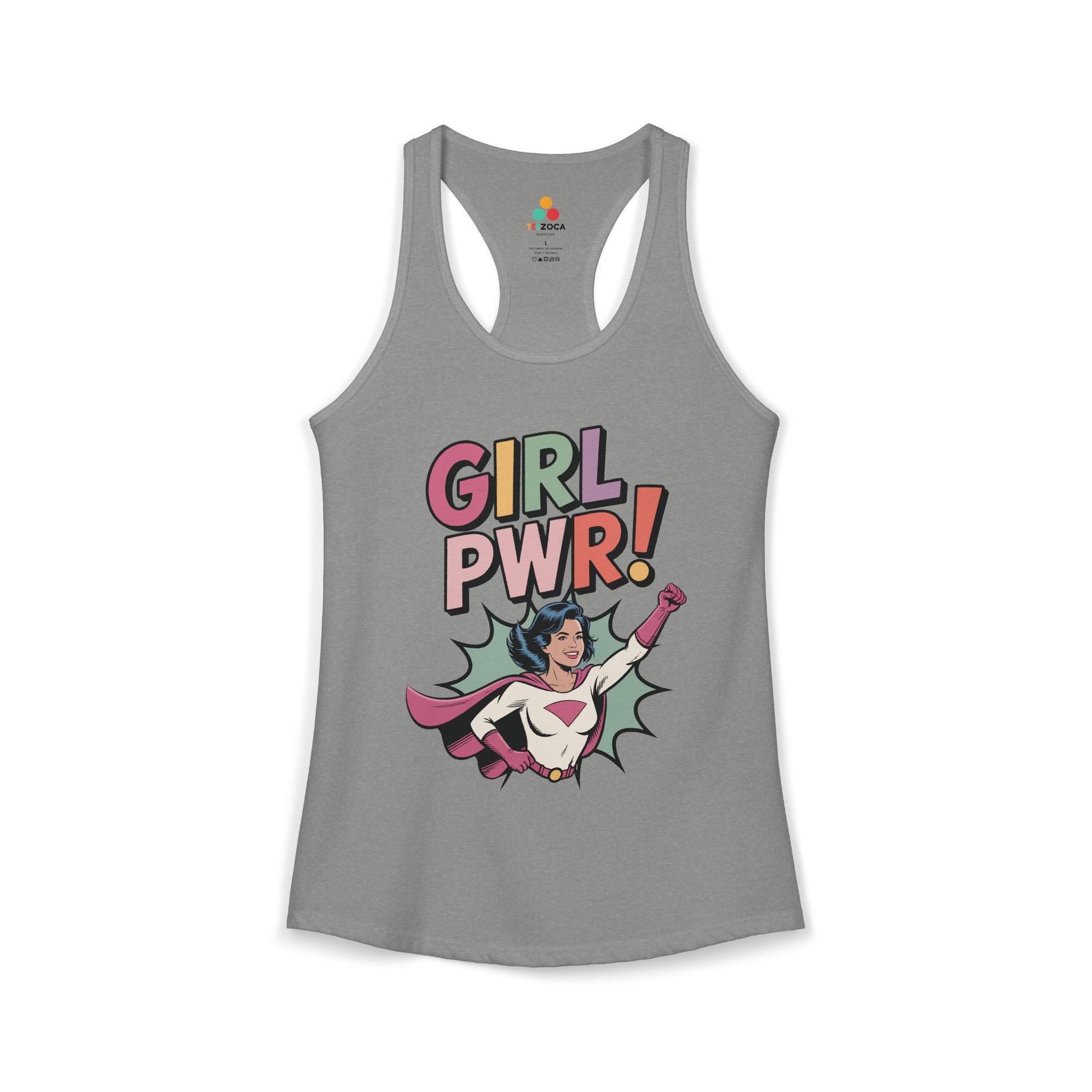 TEEZOCA empowering women’s tank top with retro superhero design Gray tank top with 'Girl PWR!' graphic design on a white background