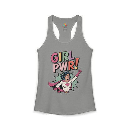 TEEZOCA empowering women’s tank top with retro superhero design Gray tank top with 'Girl PWR!' graphic design on a white background