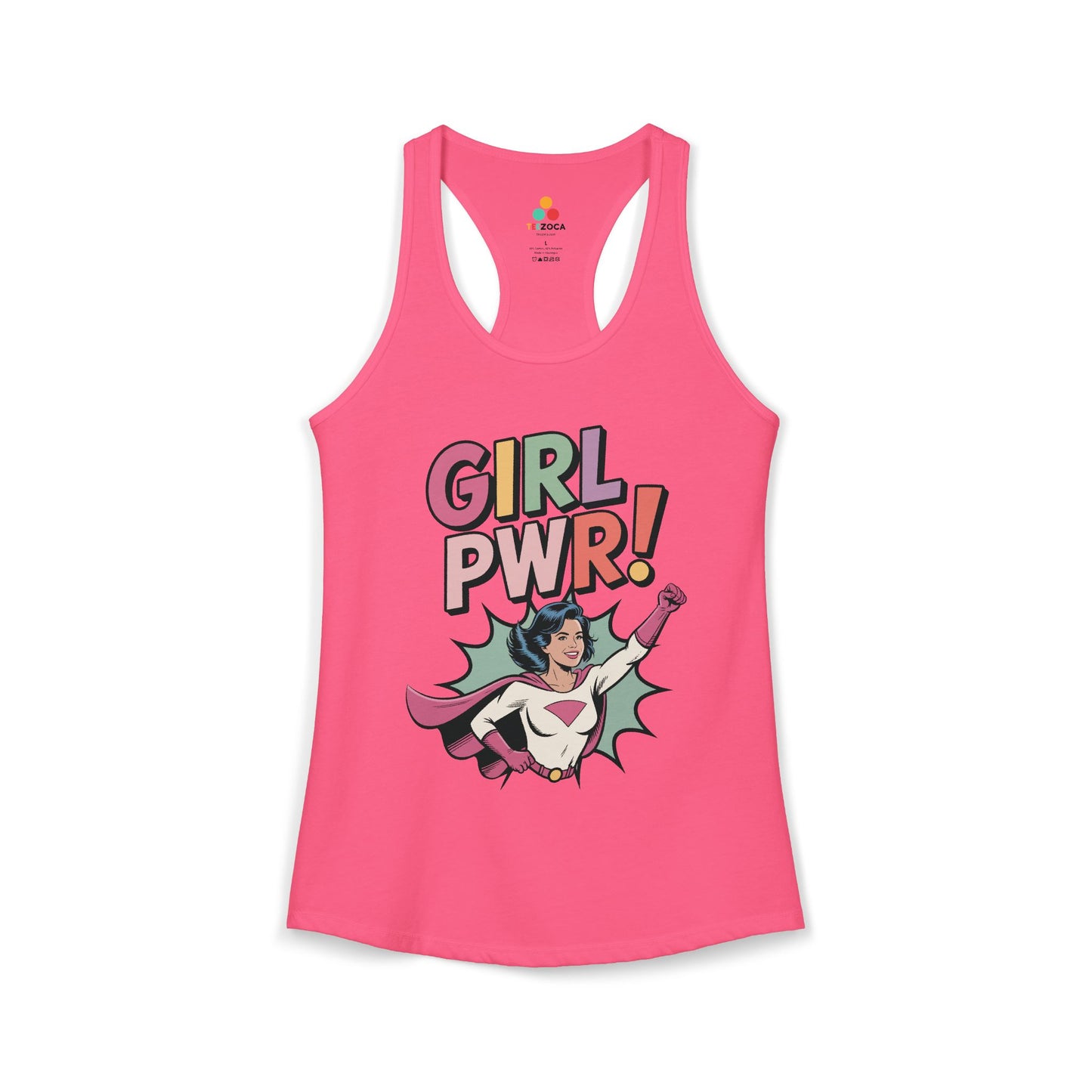 TEEZOCA empowering women’s tank top with retro superhero design Pink tank top with 'Girl PWR!' text and superhero graphic on a white background