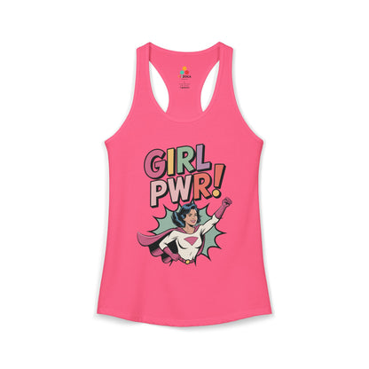 TEEZOCA empowering women’s tank top with retro superhero design Pink tank top with 'Girl PWR!' text and superhero graphic on a white background