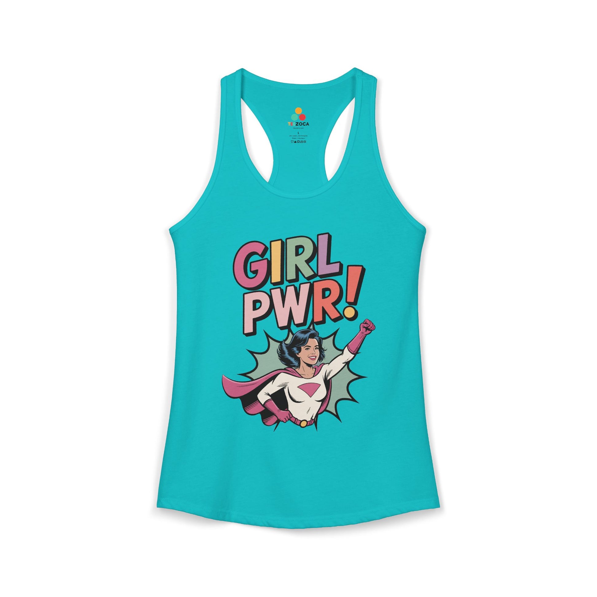 TEEZOCA empowering women’s tank top with retro superhero design Turquoise tank top with superhero graphic and 'Girl PWR!' text on a white background