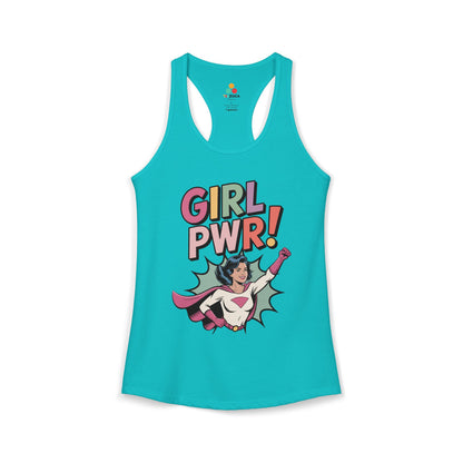 TEEZOCA empowering women’s tank top with retro superhero design Turquoise tank top with superhero graphic and 'Girl PWR!' text on a white background