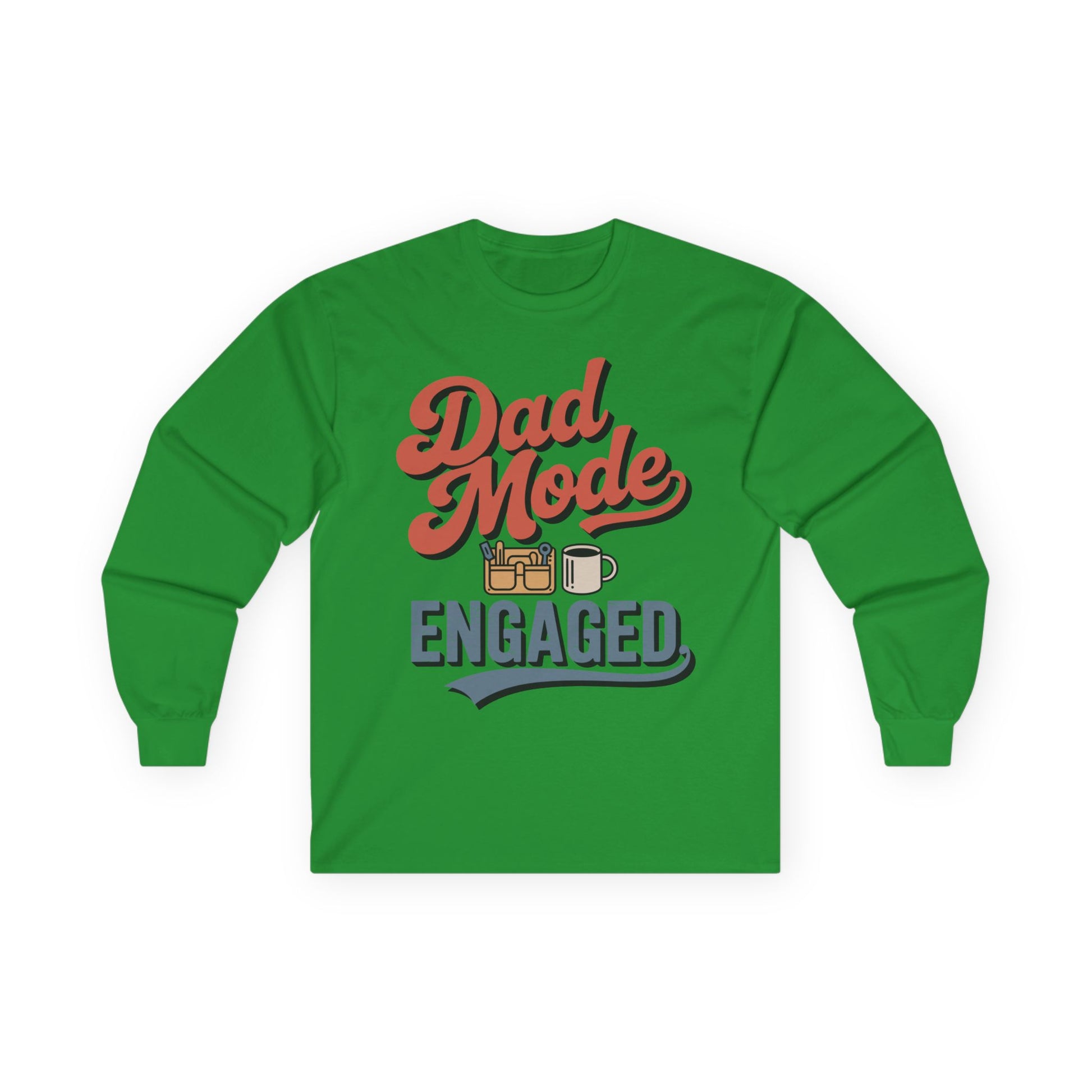 TEEZOCA engaged dad mode coffee tools long-sleeve shirt Green long-sleeve shirt with 'Dad Mode Engaged' text and graphics on a white background