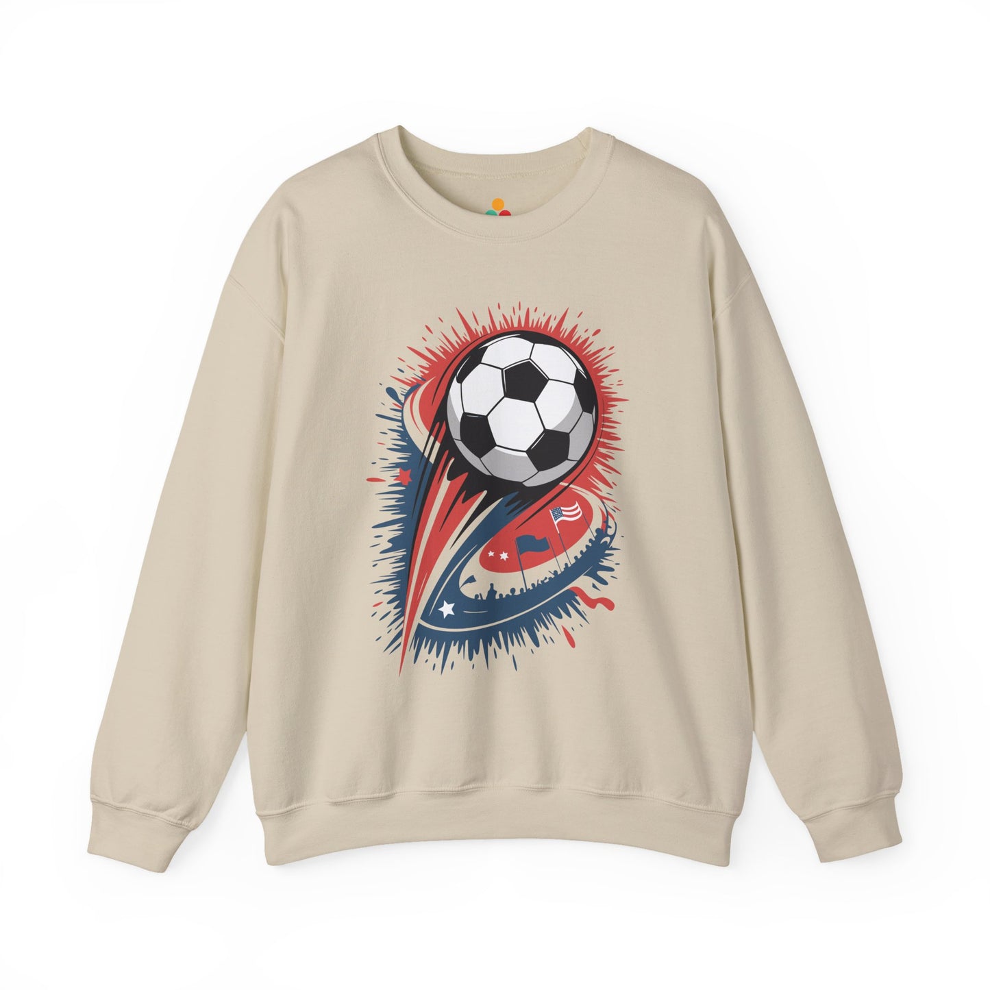 TEEZOCA explosive soccer ball sweatshirt with dynamic football design Beige sweatshirt with a soccer ball and graphic design on a white background
