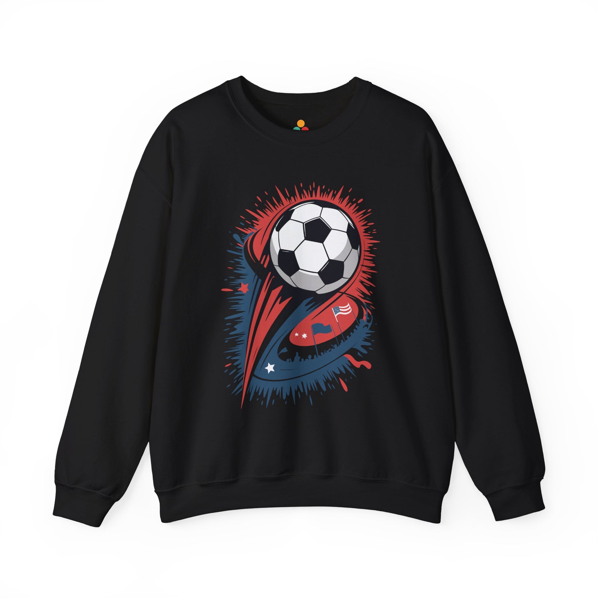 TEEZOCA explosive soccer ball sweatshirt with dynamic football design Black sweatshirt with a soccer ball design on a white background