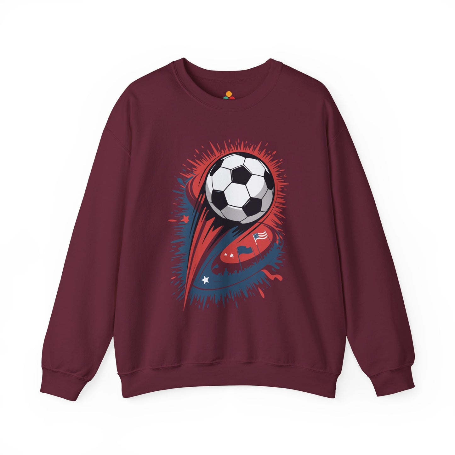TEEZOCA explosive soccer ball sweatshirt with dynamic football design Maroon sweatshirt with a soccer ball design on a white background