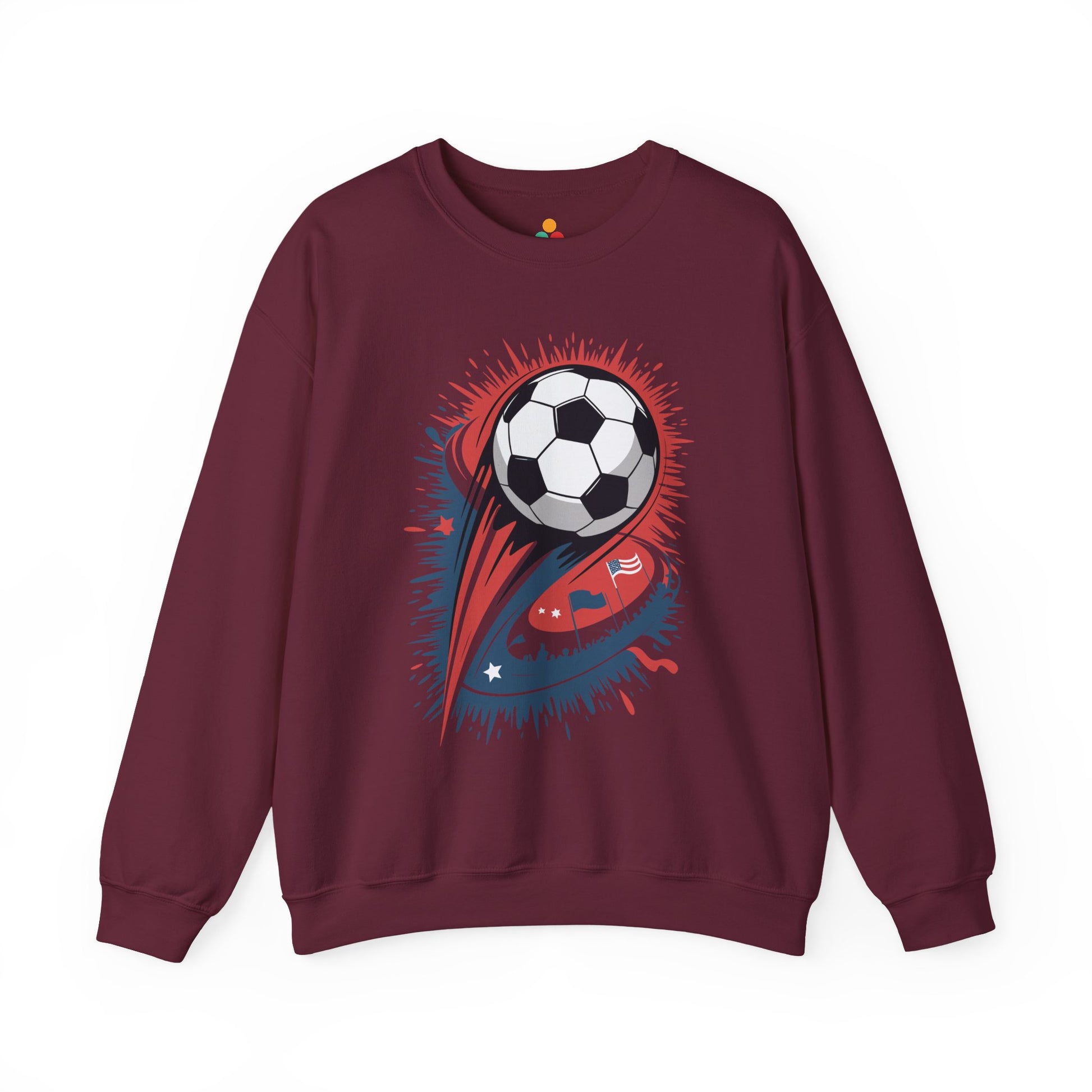 TEEZOCA explosive soccer ball sweatshirt with dynamic football design Maroon sweatshirt with a soccer ball design on a white background
