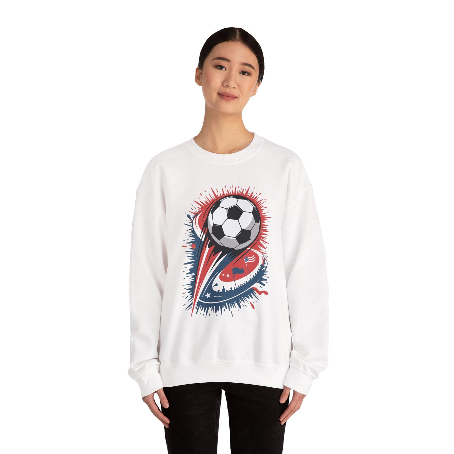 TEEZOCA explosive soccer ball sweatshirt with dynamic football design Person wearing a white sweatshirt with a soccer ball design on a white background