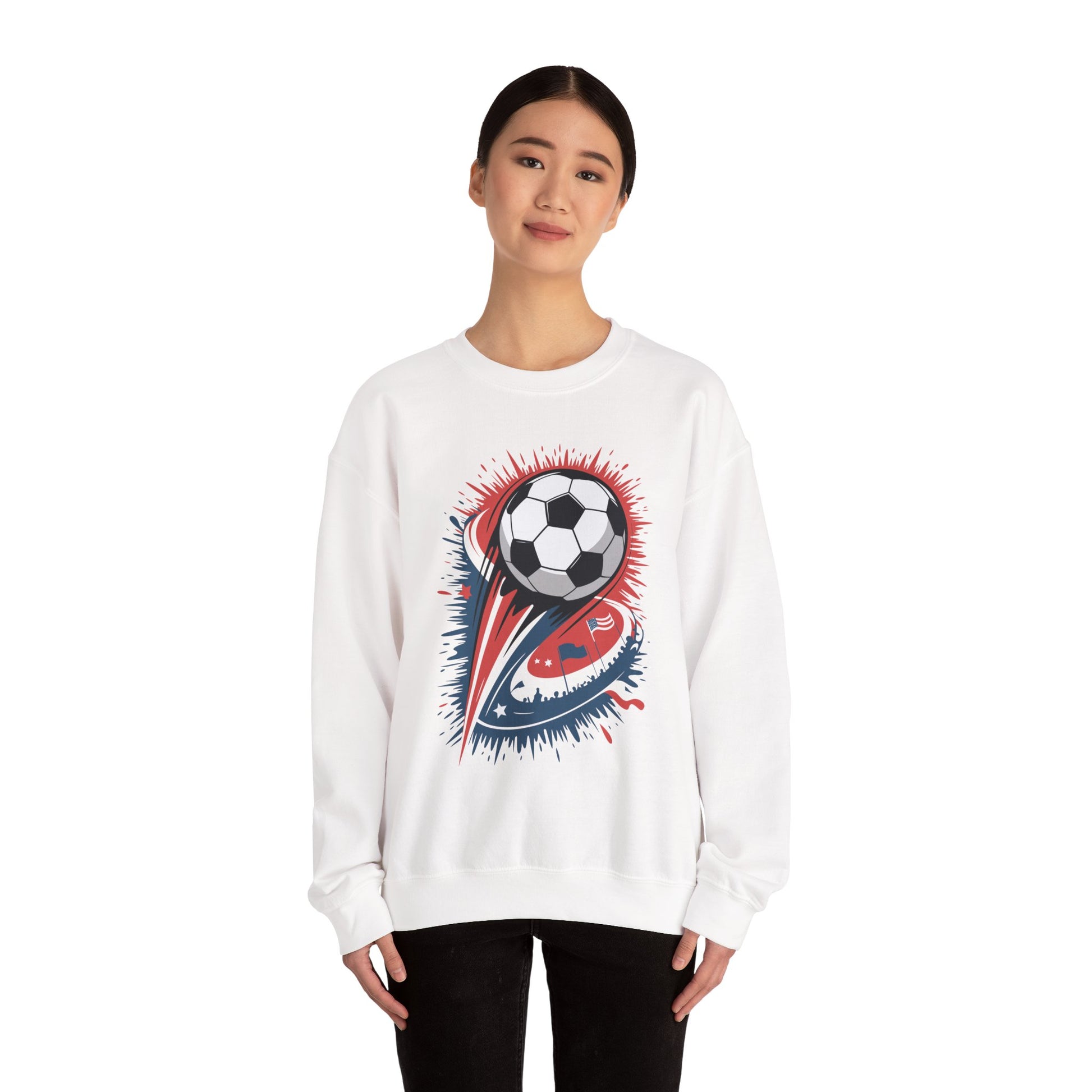 TEEZOCA explosive soccer ball sweatshirt with dynamic football design Person wearing a white sweatshirt with a soccer ball design on a white background