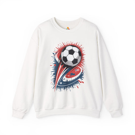 TEEZOCA explosive soccer ball sweatshirt with dynamic football design White sweatshirt with a soccer ball design on a white background
