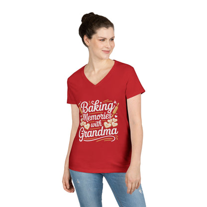 Baking Memories with Grandma V-Neck T-Shirt Sweet Family Love Tee | TEEZOCA 