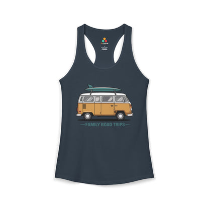 TEEZOCA family road trips women’s tank top with vintage van illustration Indigo tank top with a graphic of a van and 'Family Road Trips' text on a white background