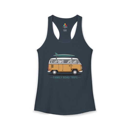 TEEZOCA family road trips women’s tank top with vintage van illustration Indigo tank top with a graphic of a van and 'Family Road Trips' text on a white background
