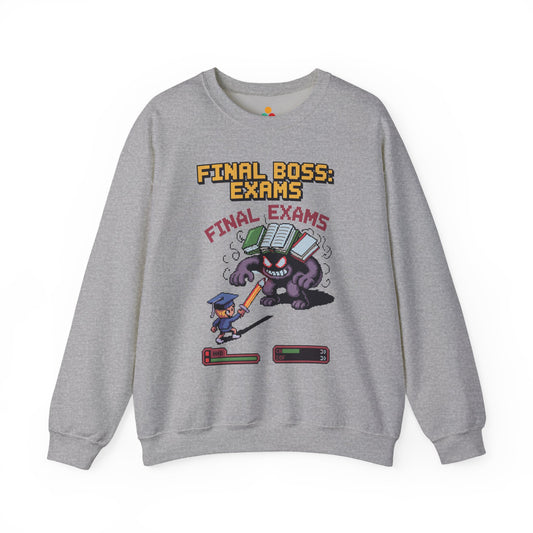 TEEZOCA final boss exams pixel art sweatshirt with gamer student design Gray sweatshirt with 'Final Boss: Exams' graphic design on a white background