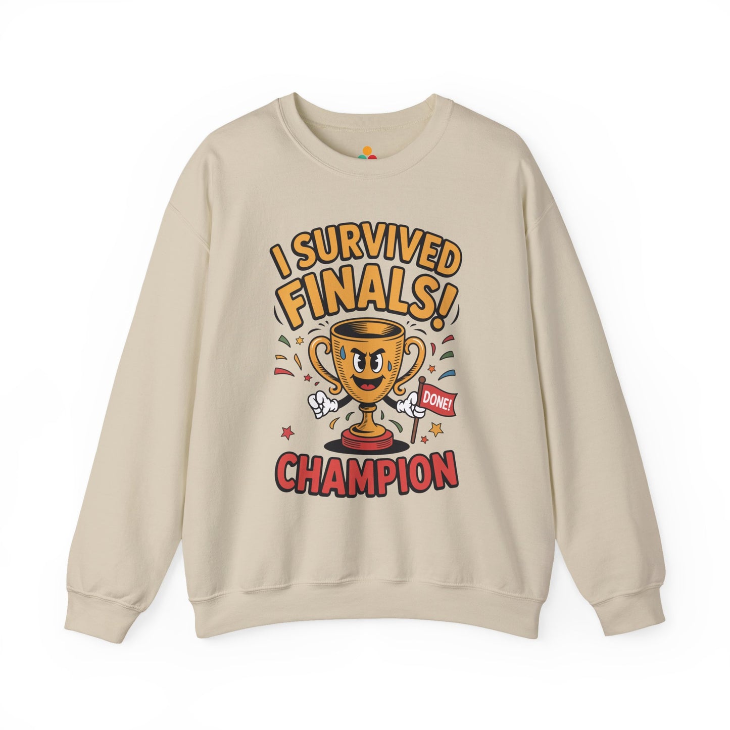 TEEZOCA finals survivor sweatshirt with trophy champion cartoon design Beige sweatshirt with 'I Survived Finals! Champion' graphic design on a white background