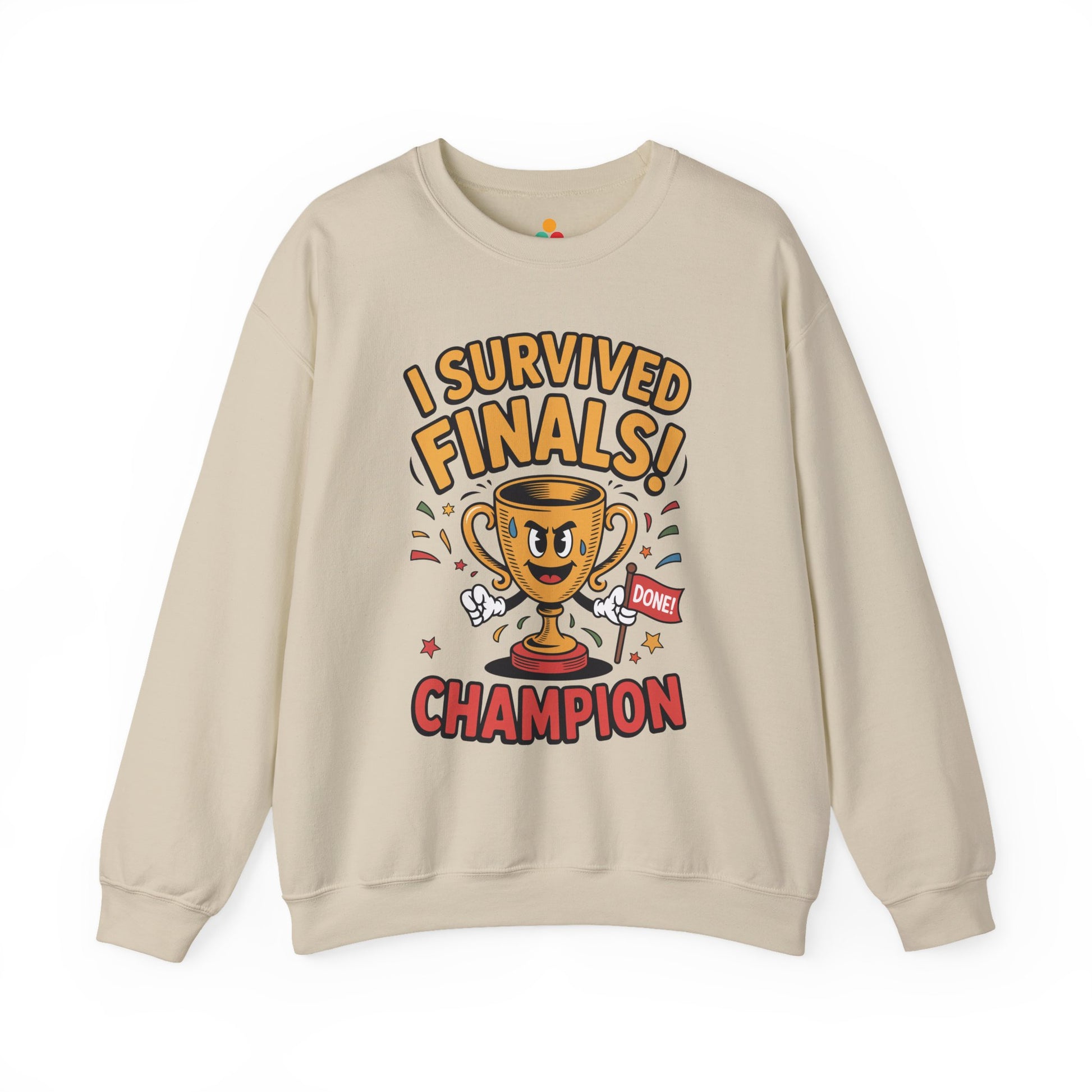 TEEZOCA finals survivor sweatshirt with trophy champion cartoon design Beige sweatshirt with 'I Survived Finals! Champion' graphic design on a white background