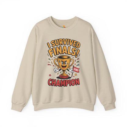 TEEZOCA finals survivor sweatshirt with trophy champion cartoon design Beige sweatshirt with 'I Survived Finals! Champion' graphic design on a white background