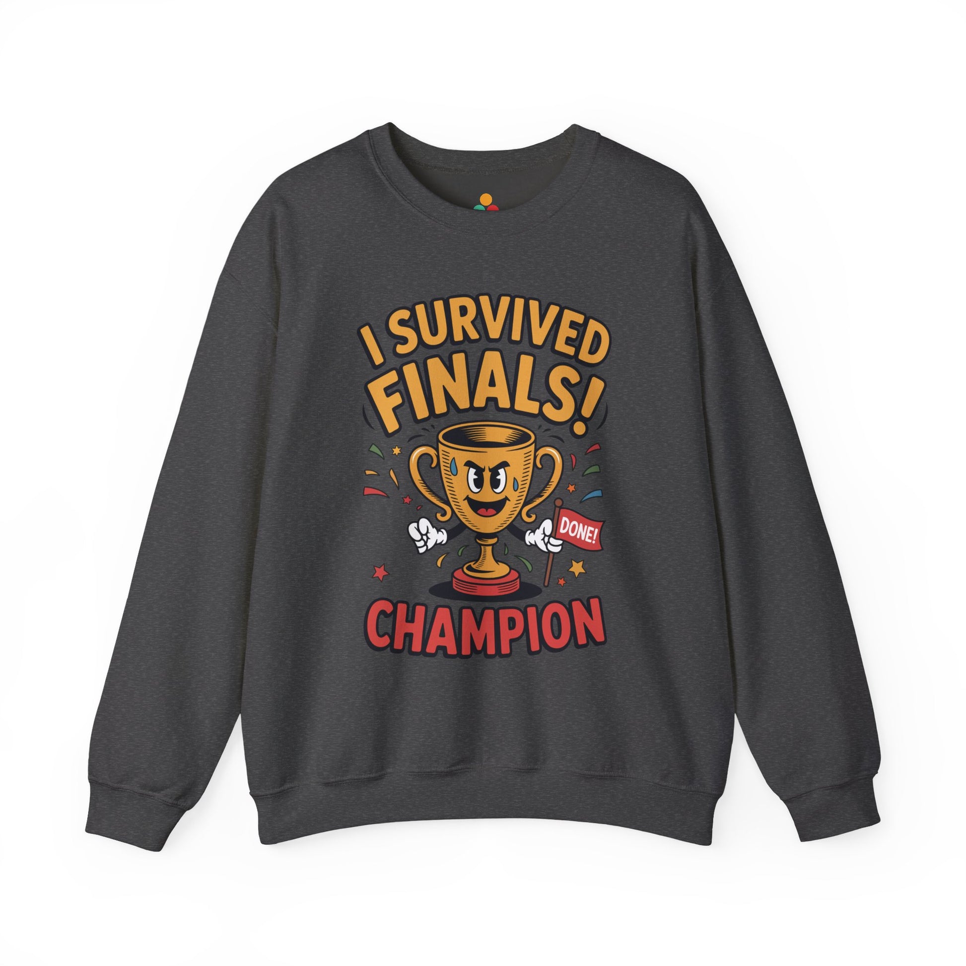 TEEZOCA finals survivor sweatshirt with trophy champion cartoon design Dark gray sweatshirt with 'I Survived Finals! Champion' text and graphics on a white background