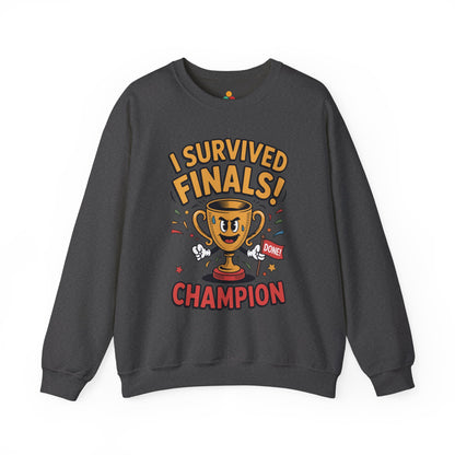 TEEZOCA finals survivor sweatshirt with trophy champion cartoon design Dark gray sweatshirt with 'I Survived Finals! Champion' text and graphics on a white background
