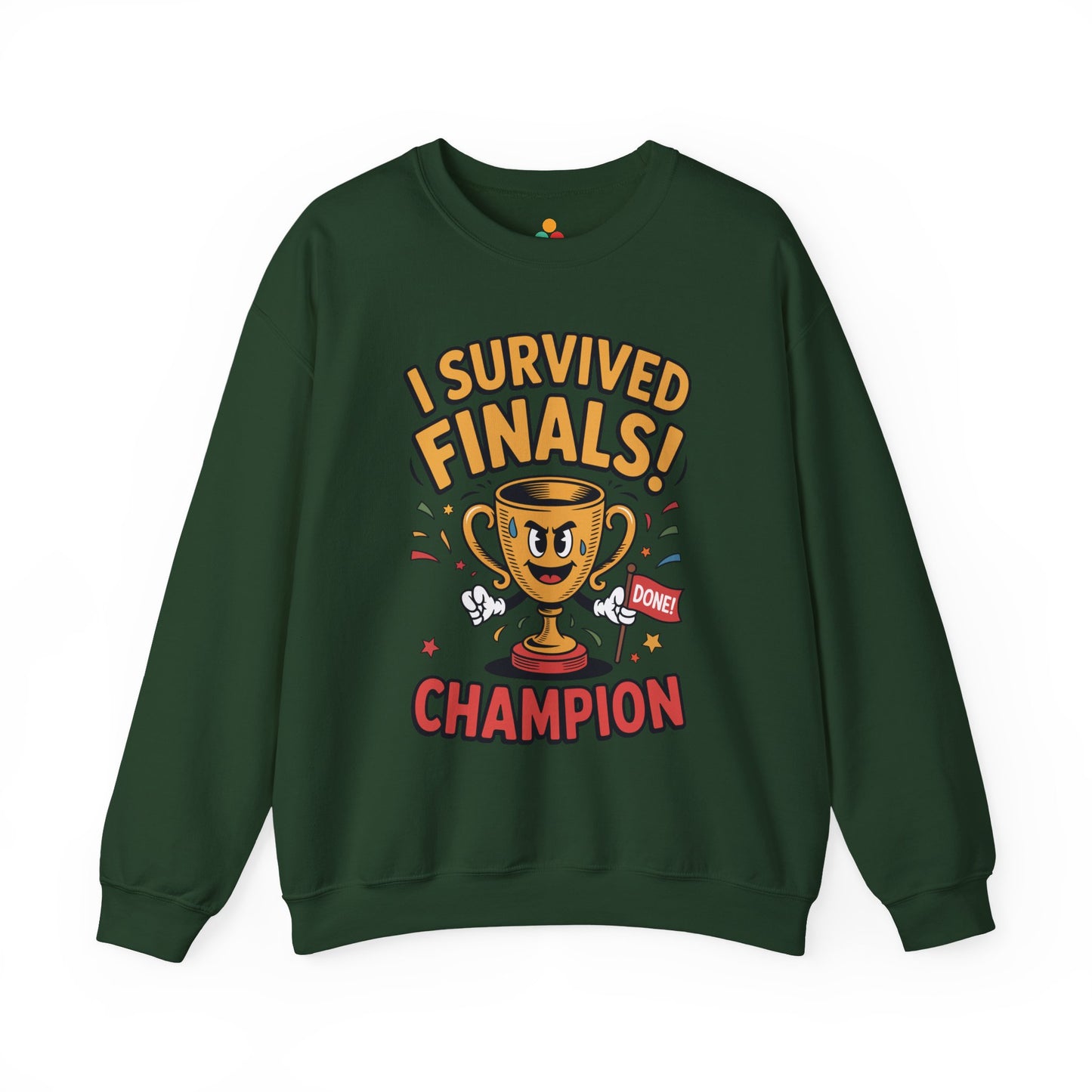 TEEZOCA finals survivor sweatshirt with trophy champion cartoon design Green sweatshirt with 'I Survived Finals! Champion' text and graphics on a white background