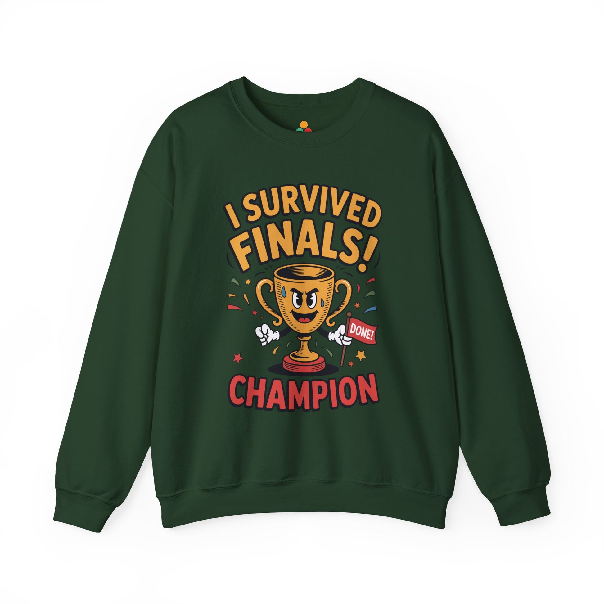 TEEZOCA finals survivor sweatshirt with trophy champion cartoon design Green sweatshirt with 'I Survived Finals! Champion' text and graphics on a white background