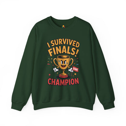 TEEZOCA finals survivor sweatshirt with trophy champion cartoon design Green sweatshirt with 'I Survived Finals! Champion' text and graphics on a white background
