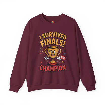 TEEZOCA finals survivor sweatshirt with trophy champion cartoon design Maroon sweatshirt with 'I Survived Finals! Champion' text and trophy graphic on a white background
