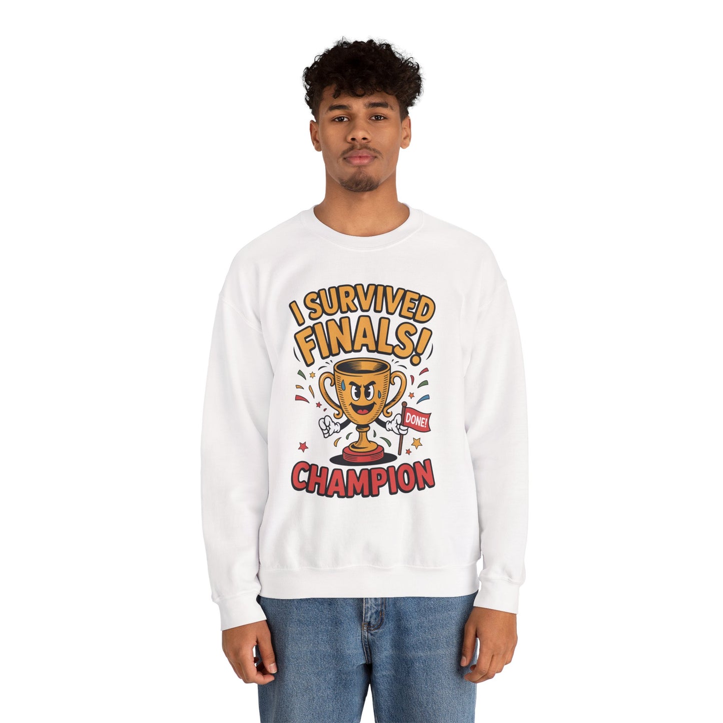 TEEZOCA finals survivor sweatshirt with trophy champion cartoon design Person wearing a white sweatshirt with 'I Survived Finals! Champion' text and graphics on a white background