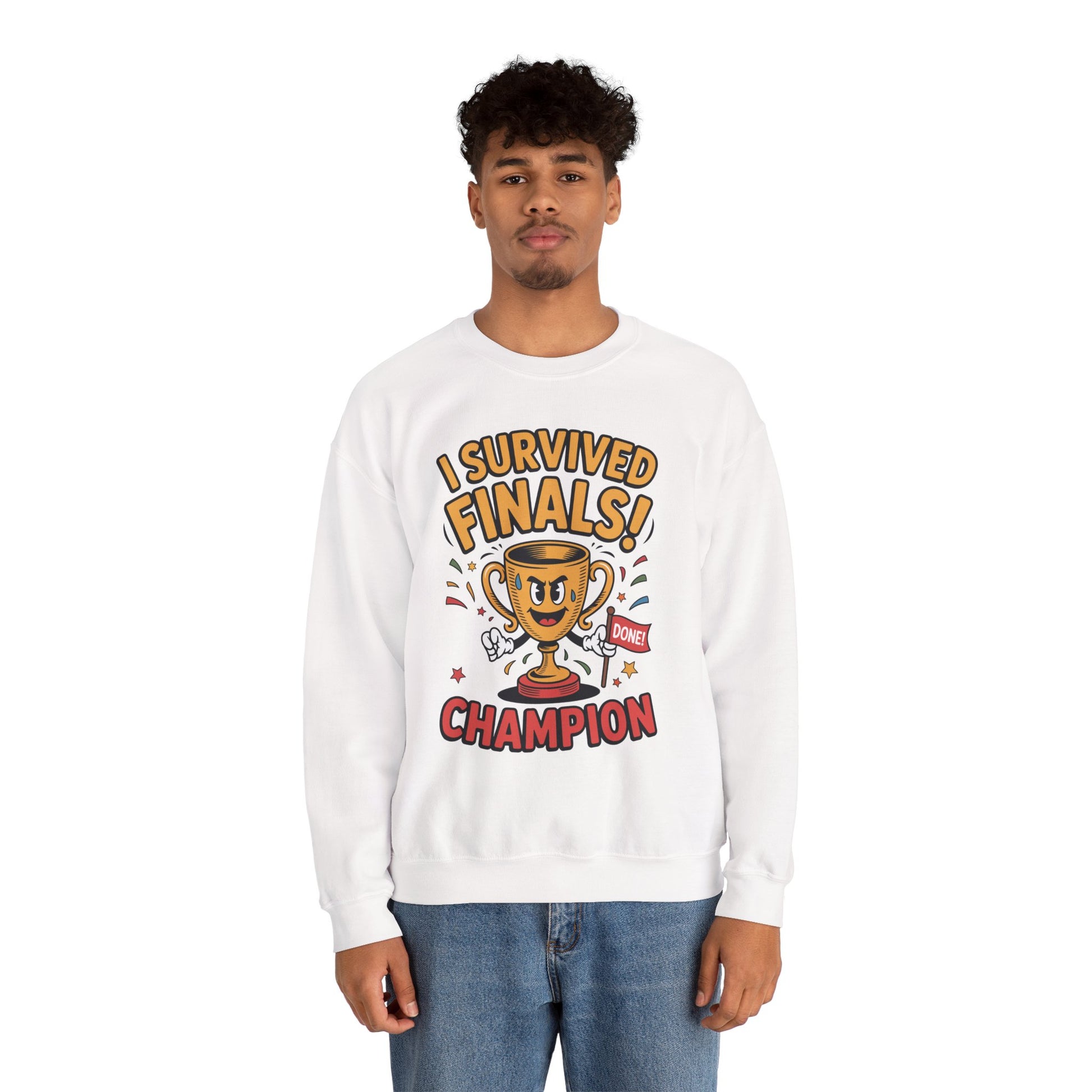 TEEZOCA finals survivor sweatshirt with trophy champion cartoon design Person wearing a white sweatshirt with 'I Survived Finals! Champion' text and graphics on a white background