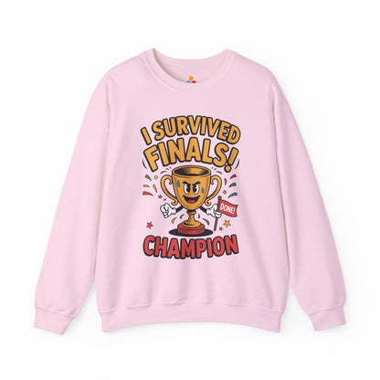 TEEZOCA finals survivor sweatshirt with trophy champion cartoon design Pink sweatshirt with 'I Survived Finals! Champion' text and graphics on a white background