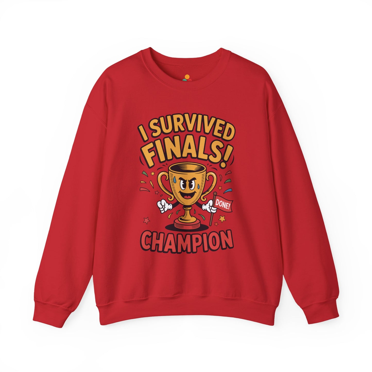 TEEZOCA finals survivor sweatshirt with trophy champion cartoon design Red sweatshirt with 'I Survived Finals! Champion' graphic on a white background
