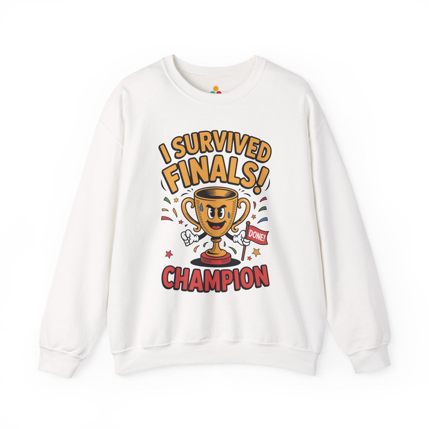 TEEZOCA finals survivor sweatshirt with trophy champion cartoon design White sweatshirt with 'I Survived Finals! Champion' graphic design on a white background