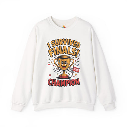 TEEZOCA finals survivor sweatshirt with trophy champion cartoon design White sweatshirt with 'I Survived Finals! Champion' graphic design on a white background