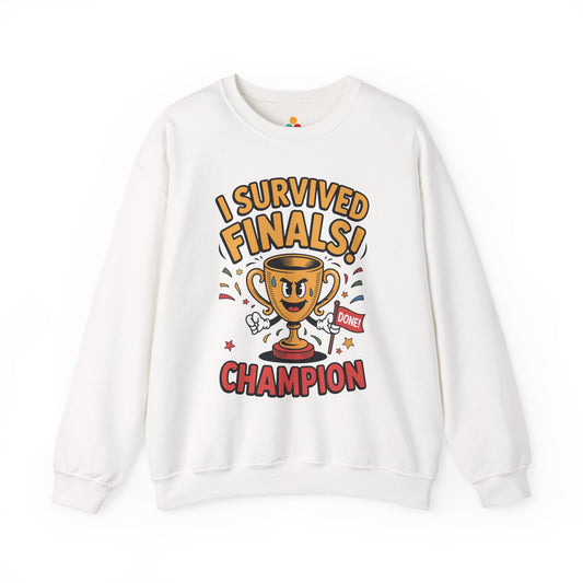 TEEZOCA finals survivor sweatshirt with trophy champion cartoon design White sweatshirt with 'I Survived Finals! Champion' graphic design on a white background