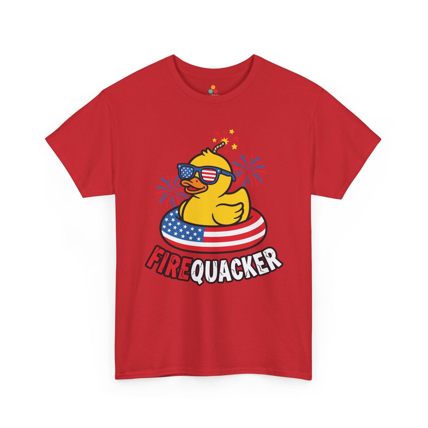 TEEZOCA fire quacker shirt T-shirt with a duck pun design, American flag float, and funny Independence Day graphic.

