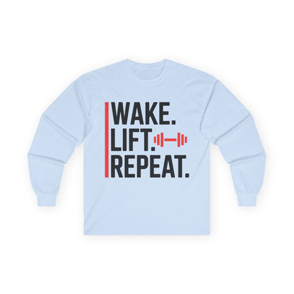 TEEZOCA fitness discipline quote long-sleeve t-shirt Light blue sweatshirt with 'Wake. Lift. Repeat.' text on a white background