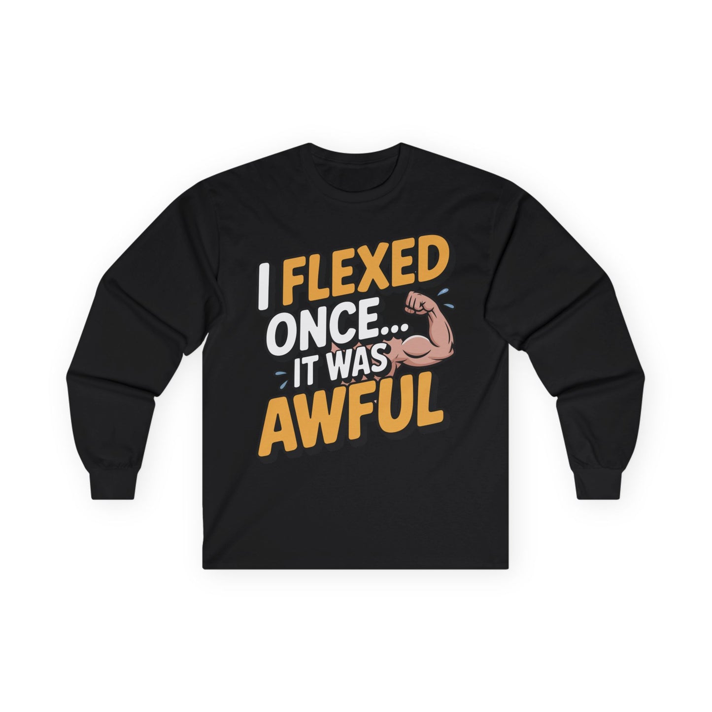 TEEZOCA fitness humor graphic long-sleeve t-shirt Black long-sleeve shirt with humorous text design on a white background