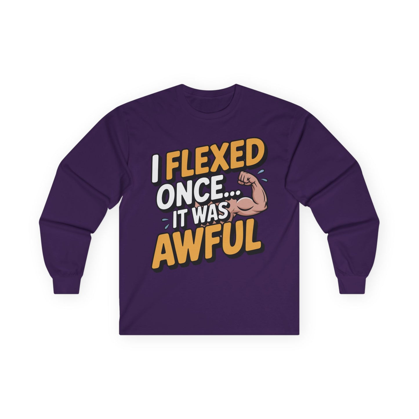 TEEZOCA fitness humor graphic long-sleeve t-shirt Purple long-sleeve shirt with humorous text design on a white background